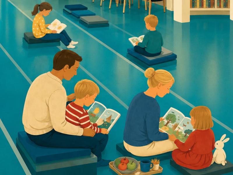 Familielæseaften på Flensborg Bibliotek. Illusration: KI-genereret