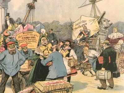 Karrikatur, som viser Gustav Johannsens ankomst til rigsdagen i Berlin. Det var her han arbejdede for en byttehandel.